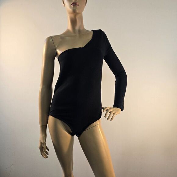 Boston Proper One Shoulder Bodysuit Size M Stretchy Long Sleeve Black FLAW Read - Picture 6 of 10